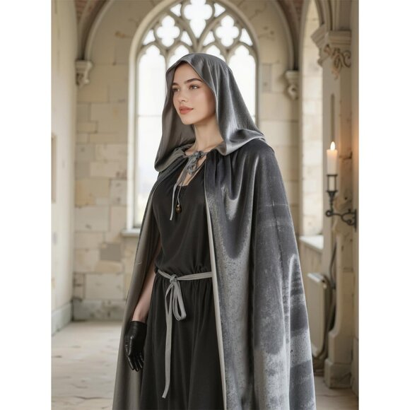 Gray Witch Velvet Hooded Cloak Halloween Cape Queen King Renaissance Medieval - Picture 3 of 7